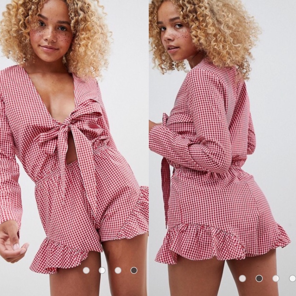Red check tie front romper with frills
